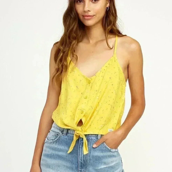 New RVCA Your Escape Yellow Floral Print Knotted Button Up Cropped Tank Top - Picture 1 of 10